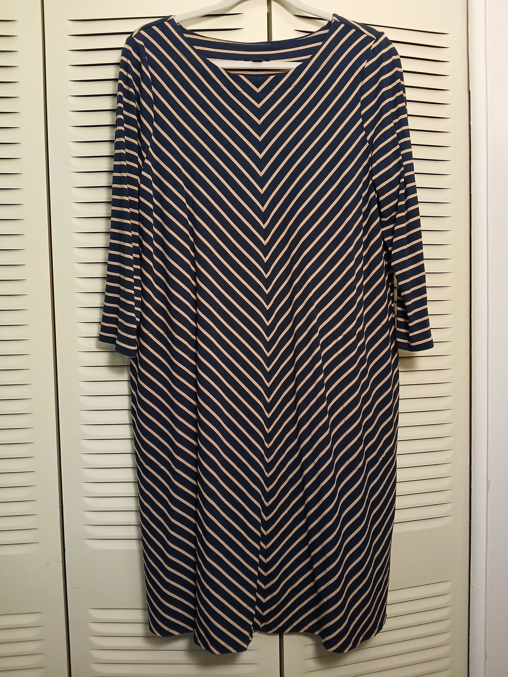J.Jill Navy and Cream Striped V-Neck Midi Dress